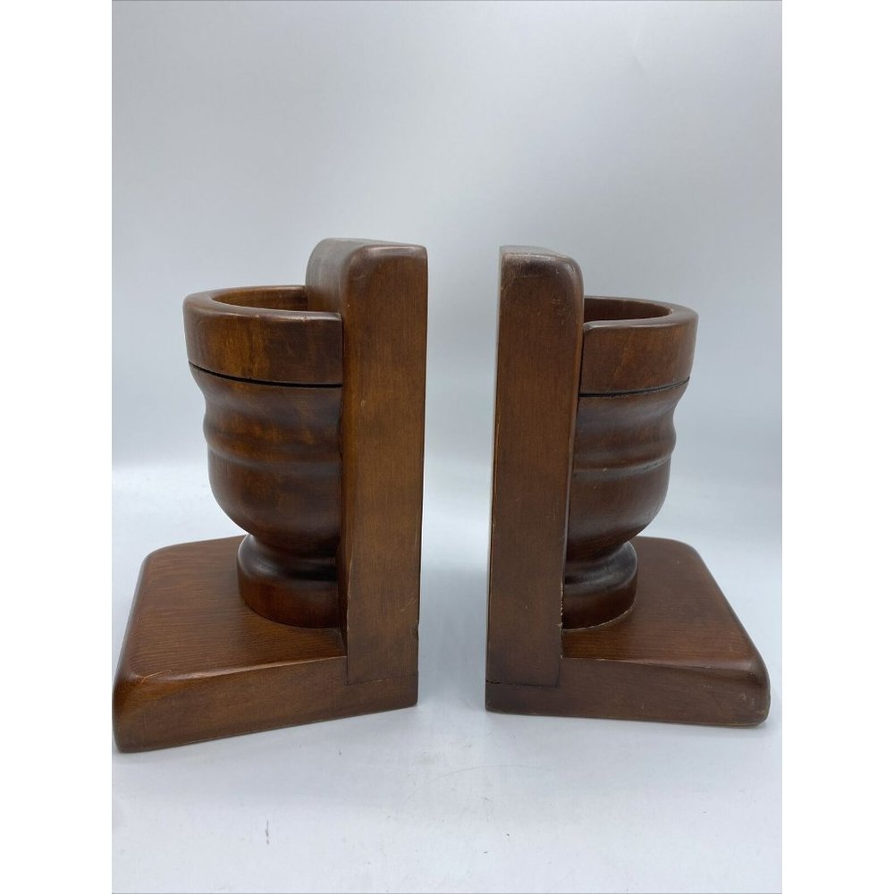 Vintage MCM  Solid Wood Bookends with Pocket Vase Holder Book Ends